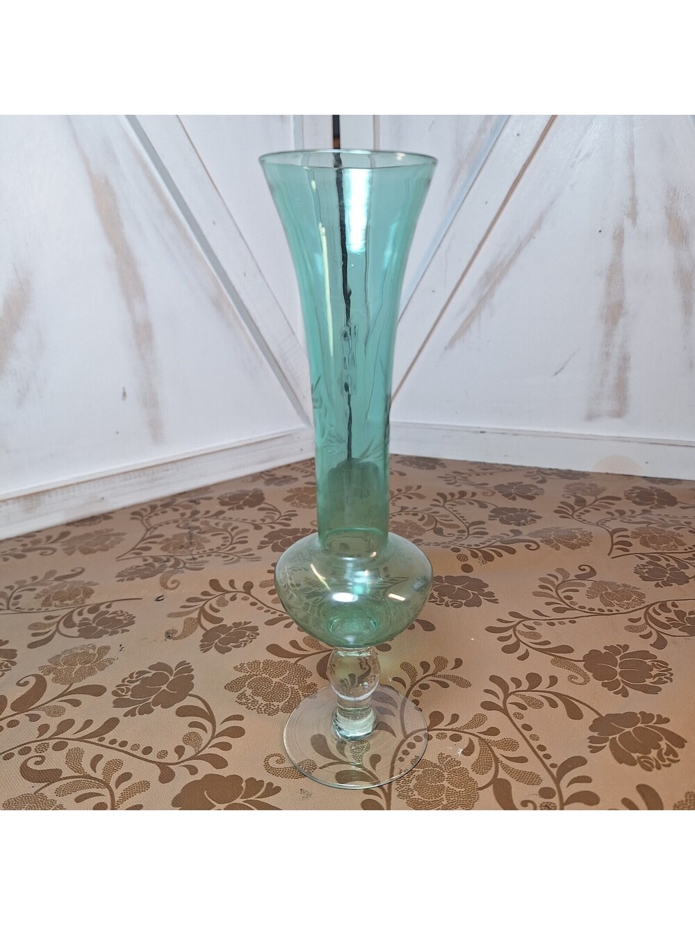 Vintage Enesco Pedestal/Footed Etched Bud Vase Made In Korea 8.25" Blue/Green